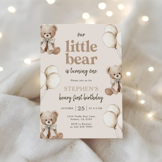 Boho Teddy Bear Beary First 1st Birthday Party Kaart
