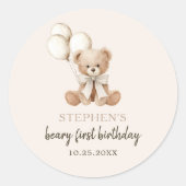 Boho Teddy Bear Beary First 1st Birthday Party Ronde Sticker (Voorkant)