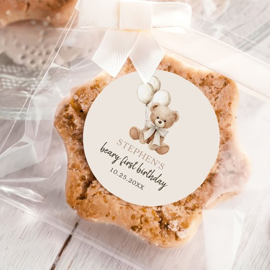 Boho Teddy Bear Beary First 1st Birthday Party Ronde Sticker