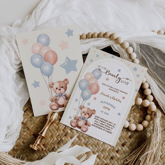  Boho Teddy Bear Blauw Roze Ballonnen Douche Kaart