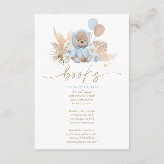 Boho Teddy Bear Blue Baby shower Books for Baby Informatiekaartje (Voorkant)