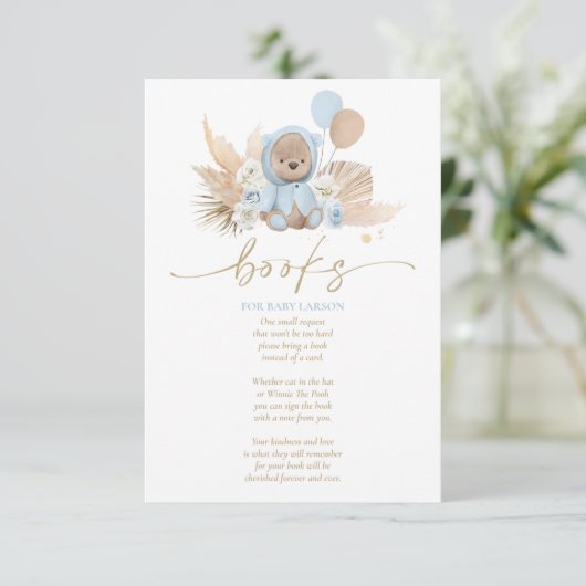 Boho Teddy Bear Blue Baby shower Books for Baby Informatiekaartje (Staand voorkant)