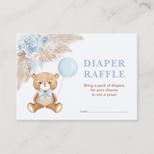 Boho Teddy Bear Blue ballon Diaper Raffle Informatiekaartje (Voorkant)
