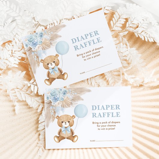 Boho Teddy Bear Blue ballon Diaper Raffle Informatiekaartje