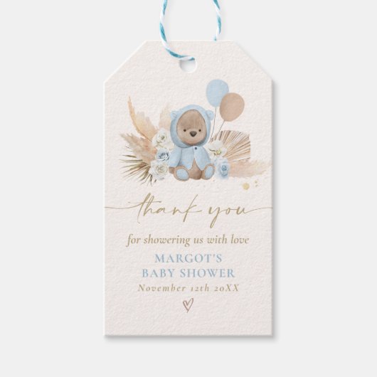 Boho Teddy Bear Blue Barly Wait Baby shower Cadeaulabel (Voorkant)