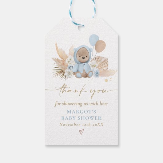 Boho Teddy Bear Blue Barly Wait Baby shower Cadeaulabel (Achterkant)