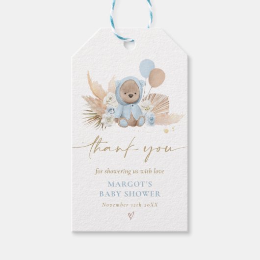 Boho Teddy Bear Blue Barly Wait Baby shower Favor Cadeaulabel (Voorkant)