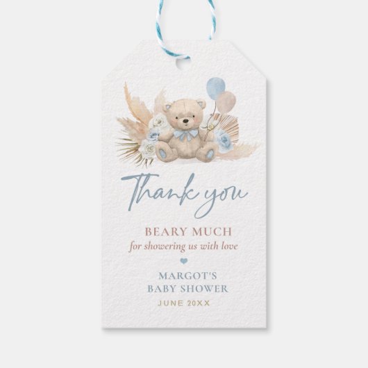Boho Teddy Bear Blue Barly Wait Baby shower Favor Cadeaulabel (Achterkant)