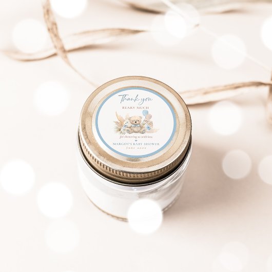 Boho Teddy Bear Blue Barly Wait Baby shower Favor Ronde Sticker