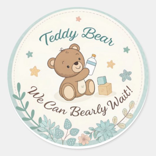 Boho Teddy Bear Blue Barly Wait Baby shower Ronde Sticker (Voorkant)