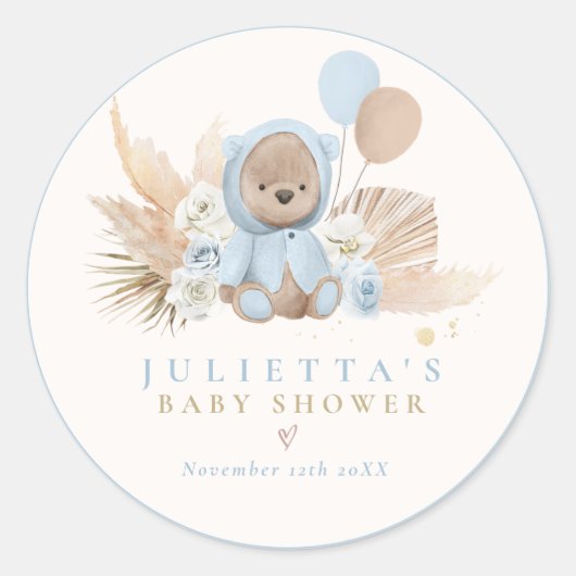 Boho Teddy Bear Blue Barly Wait Baby shower Ronde Sticker (Voorkant)