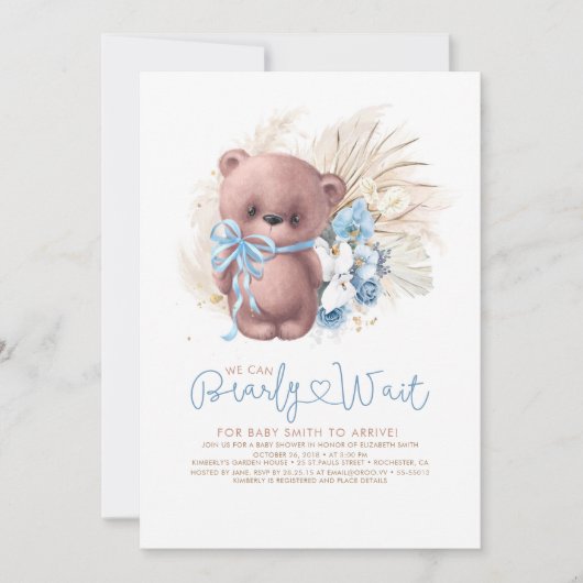 Boho Teddy Bear Blue Barly Wait Boy Baby shower Kaart (Voorkant)