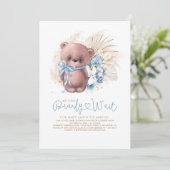 Boho Teddy Bear Blue Barly Wait Boy Baby shower Kaart (Staand voorkant)