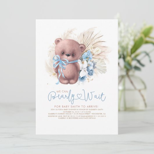 Boho Teddy Bear Blue Barly Wait Boy Baby shower Kaart (Staand voorkant)