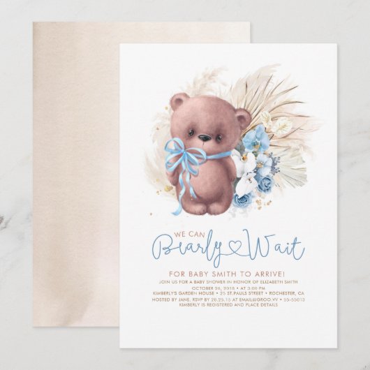 Boho Teddy Bear Blue Barly Wait Boy Baby shower Kaart (Voorkant / Achterkant)