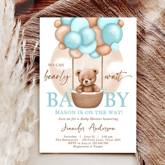 Boho Teddy Bear Blue Boy Barly Wachten Baby shower Kaart