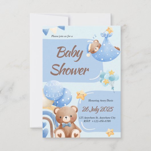 Boho Teddy Bear Boy Blue Baby Shower Invitation Kaart (Voorkant)