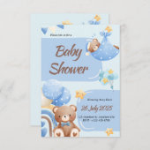 Boho Teddy Bear Boy Blue Baby Shower Invitation Kaart (Voorkant / Achterkant)