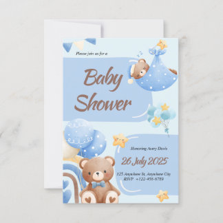 Boho Teddy Bear Boy Blue Baby Shower Invitation Kaart