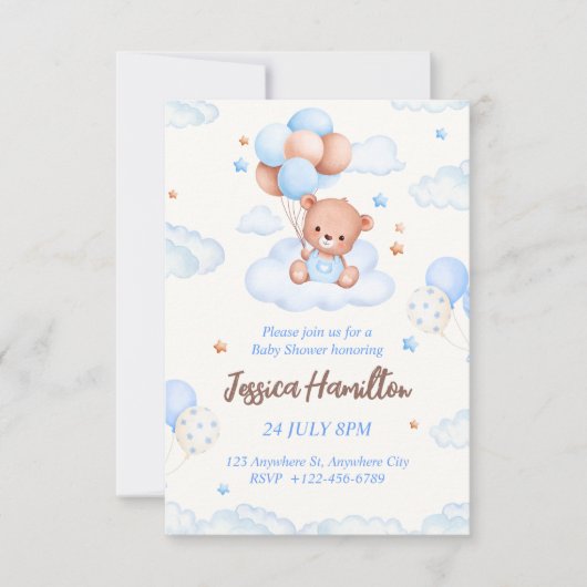 Boho Teddy Bear Boy Blue Baby Shower Invitation Kaart (Voorkant)