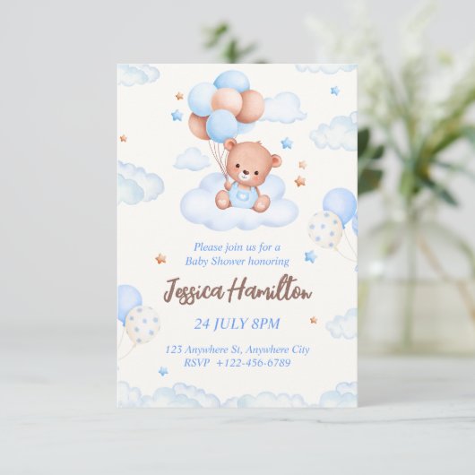 Boho Teddy Bear Boy Blue Baby Shower Invitation Kaart (Staand voorkant)