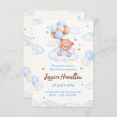 Boho Teddy Bear Boy Blue Baby Shower Invitation Kaart (Voorkant / Achterkant)