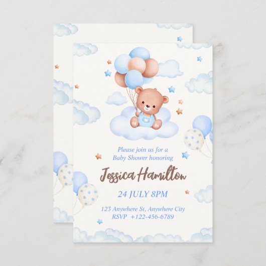 Boho Teddy Bear Boy Blue Baby Shower Invitation Kaart (Voorkant / Achterkant)