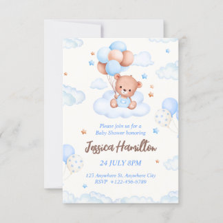 Boho Teddy Bear Boy Blue Baby Shower Invitation Kaart