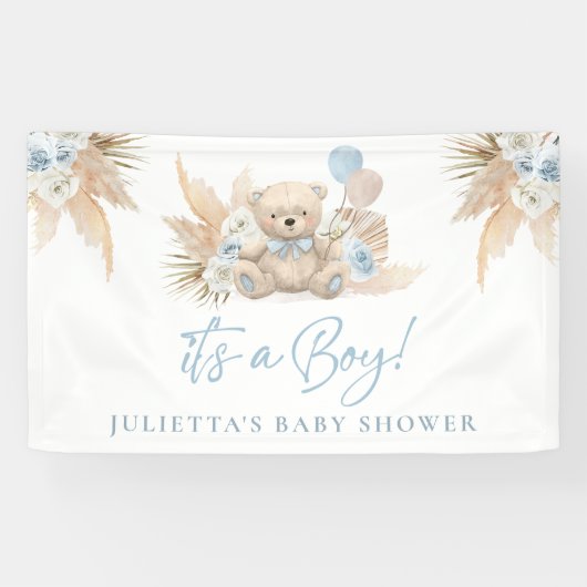Boho Teddy Bear Boy Blue Baby shower Welkom Spandoek (Horizontaal)