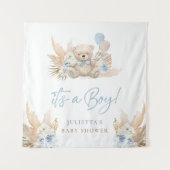 Boho Teddy Bear Boy Blue Baby shower Welkomstteken Wandkleed (Voorkant (horizontaal))