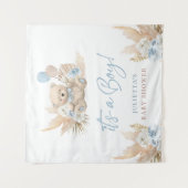 Boho Teddy Bear Boy Blue Baby shower Welkomstteken Wandkleed (Voorkant)