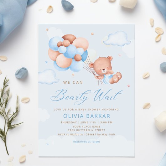 Boho Teddy Bear Boy Blue Barly Wacht Baby shower I Kaart