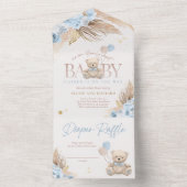 Boho Teddy Bear Boy Blue Barly Wait Baby shower All In One Uitnodiging (Binnen)