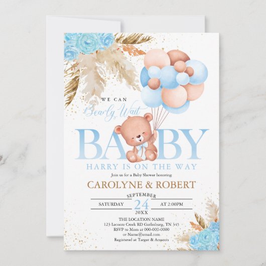 Boho Teddy Bear Boy Blue Barly Wait Baby shower Kaart (Voorkant)