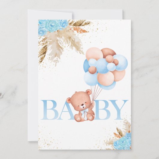 Boho Teddy Bear Boy Blue Barly Wait Baby shower Kaart (Achterkant)
