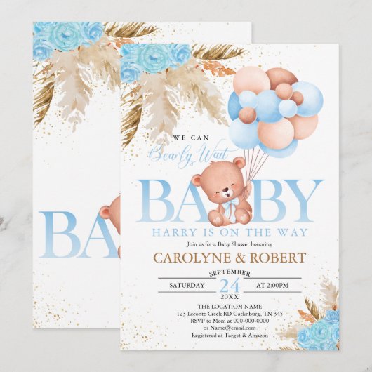 Boho Teddy Bear Boy Blue Barly Wait Baby shower Kaart (Voorkant / Achterkant)