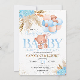 Boho Teddy Bear Boy Blue Barly Wait Baby shower Kaart