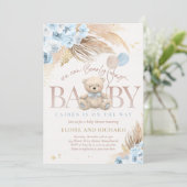 Boho Teddy Bear Boy Blue Barly Wait Baby shower Kaart (Staand voorkant)