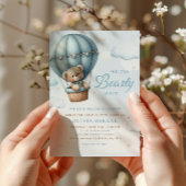 Boho Teddy Bear Boy Blue Barly Wait Baby shower Kaart
