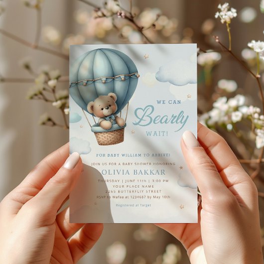 Boho Teddy Bear Boy Blue Barly Wait Baby shower Kaart