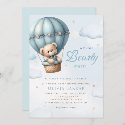 Boho Teddy Bear Boy Blue Barly Wait Baby shower Kaart (Voorkant / Achterkant)