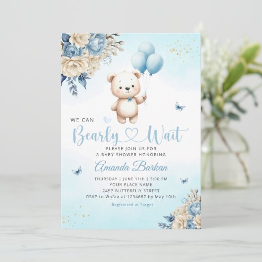 Boho Teddy Bear Boy Blue Barly Wait Baby shower Kaart (Staand voorkant)