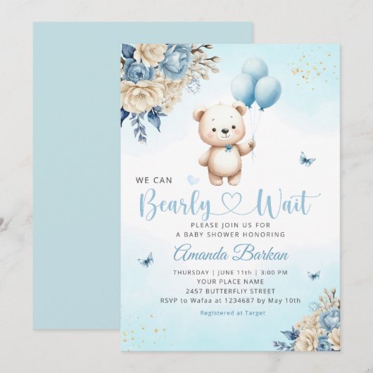 Boho Teddy Bear Boy Blue Barly Wait Baby shower Kaart (Voorkant / Achterkant)