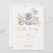 Boho Teddy Bear Boy Blue Barly Wait Baby shower Kaart (Voorkant)