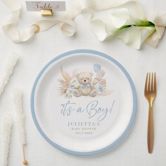Boho Teddy Bear Boy Blue Barly Wait Baby shower Papieren Bordje (Huwelijk)