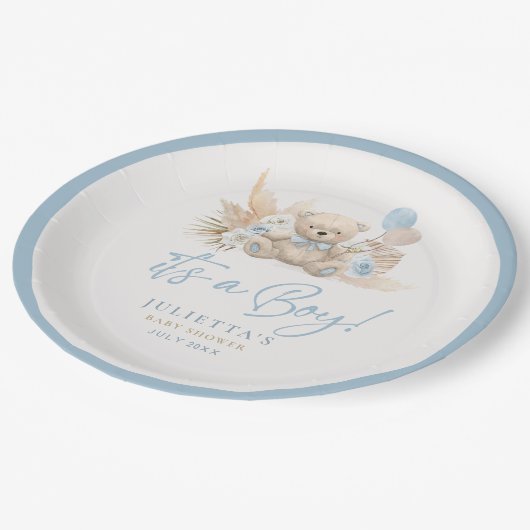 Boho Teddy Bear Boy Blue Barly Wait Baby shower Papieren Bordje (Gekanteld)