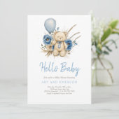 Boho Teddy Bear Boy Blue Bearly Wait Baby Kaart (Staand voorkant)