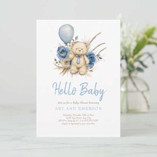 Boho Teddy Bear Boy Blue Bearly Wait Baby Kaart (Staand voorkant)