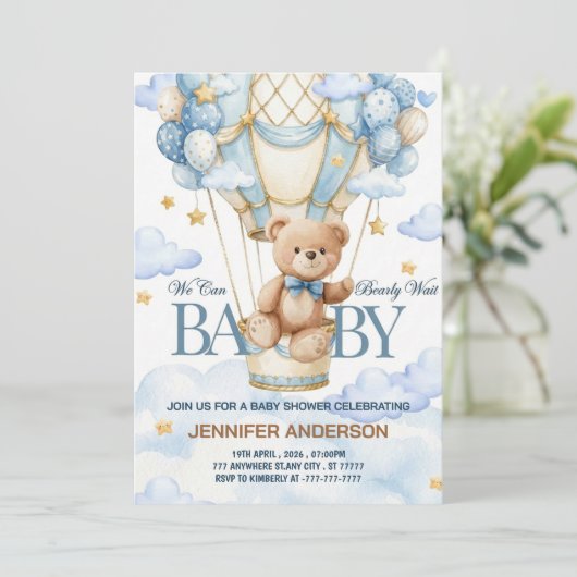 Boho Teddy Bear Boy Blue Bearly Wait Baby Shower Kaart (Staand voorkant)