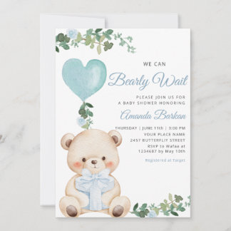 Boho Teddy Bear Boy Blue Bearly Wait Baby Shower  Kaart